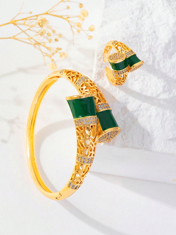 Shein - 2Pcs/Set Fashion Cubic Zirconia Bracelet Jewelry Set, Green Drip Set Decorated Copper Gold Bangles And Rings Can Be Opened, Suitable For Women To Wear Wedding Gifts For Daily Gatheringsper