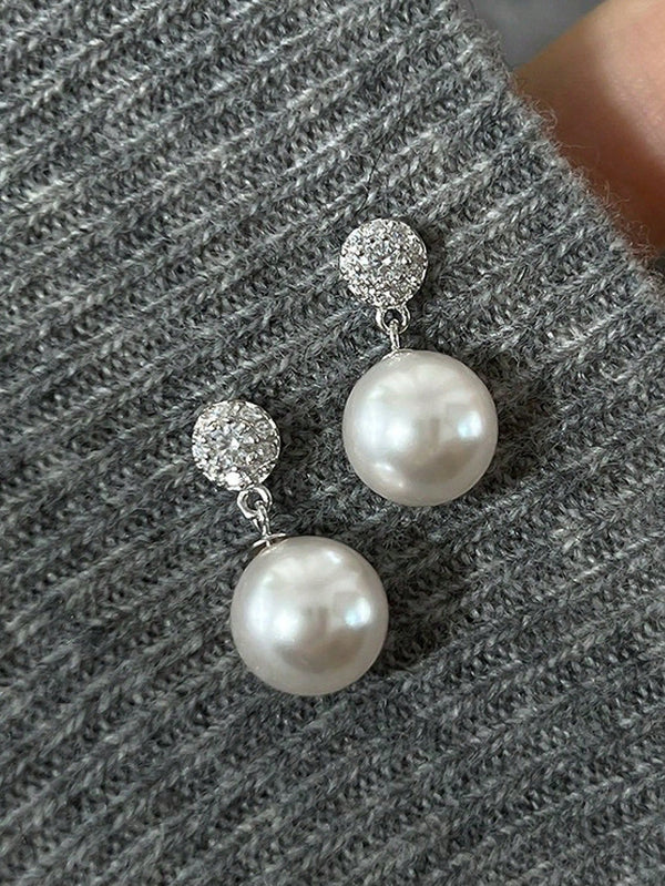 Shein - 1pair (2pcs) S925 Silver Vintage Minimalist Faux Pearl Stud Earrings Suitable For Women's Daily Wear