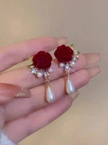 Shein - S925 Silver Pin Vintage Red Velvet Rose & Faux Pearl Dangle Earrings