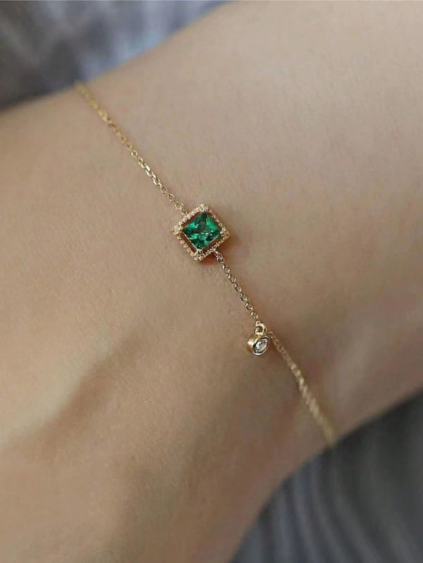 Shein - 1pc Minimalist & Delicate & Personalized Design Ins Style S925 Silver Plated 14k Gold Bracelet With Green Square Cubic Zirconia Decoration