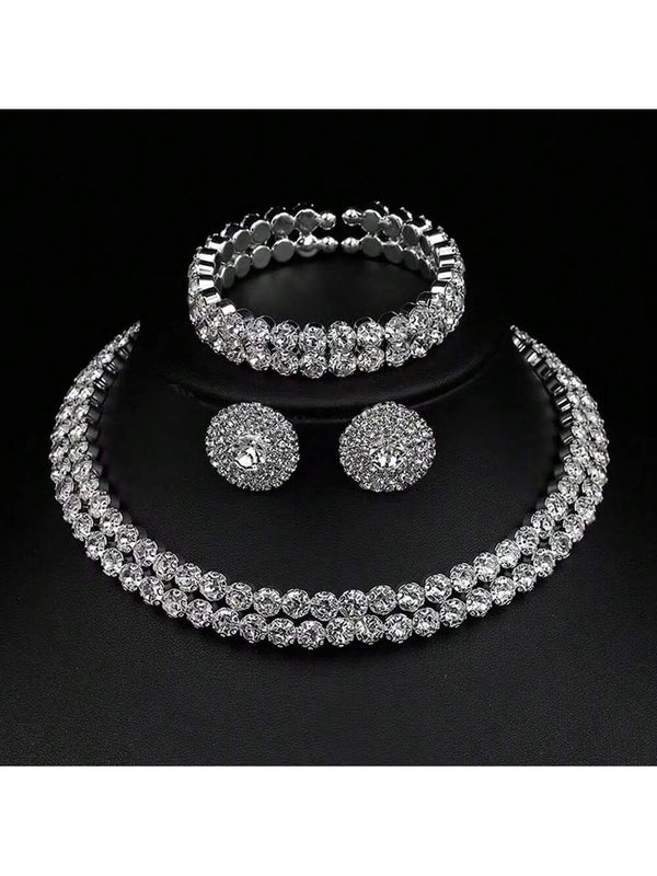 Shein - 1Set Exquisite And Elegant Double Row Rhinestone Necklace, Earrings And Bracelet Set Suitable For Daily Wear And As A Gift For Women