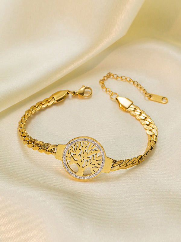 Shein - One Piece Gold Stainless Steel Tree Of Life Chain Bracelet For Women, Fashionable Daily Versatile Jewelry Accessories Valentine'S Day Gift