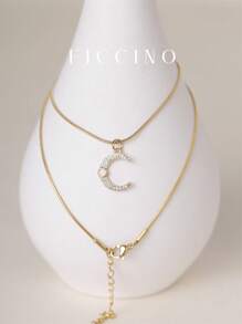 Shein - FICCINO FICCINO Moon Gold-Plated Cubic Zirconia Opal Pendant Necklace