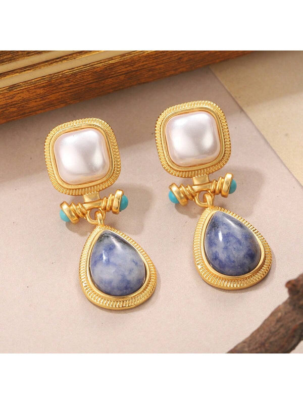 Shein - 1Pair 18K Gold-Plated Copper & 925 Sterling Silver Blue Chalcedony Dangle Earrings For Women, Date, Party Gift