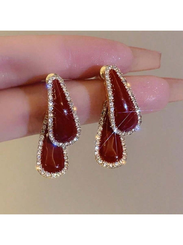 Shein - 2024 New Arrival Unique Double Flip Water Drop Rhinestone Earrings For Women, Retro Hong Kong Style, High-End Personalized Design Style