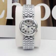 Shein - 1pc Women's Silver Alloy Watch Band Simple & Elegant Round Quartz Watch, With A Watch Box As A Gift