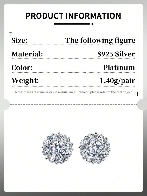 Shein - 1pair Romantic Luxury 925 Sterling Silver Fashion Cubic Zirconia Flower Shaped Stud Earrings