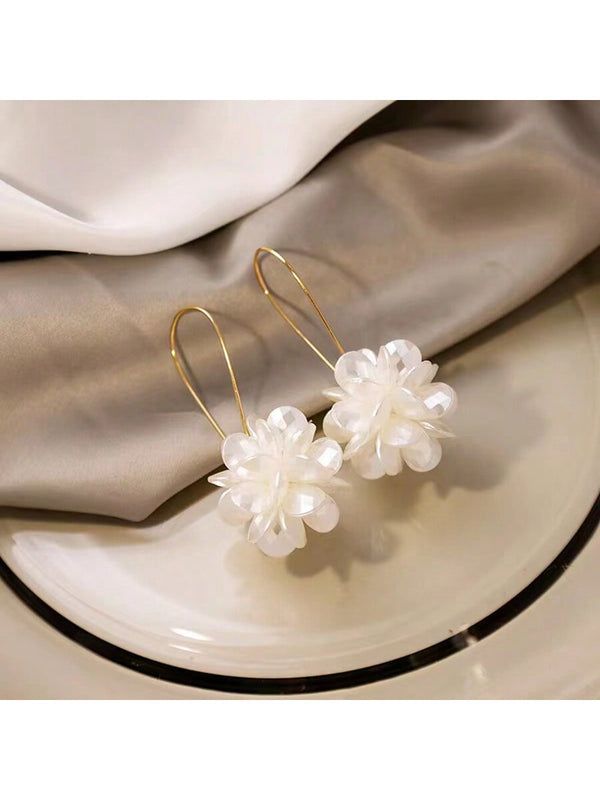 Shein - Exaggerated Long Acrylic Faux Pearl Flower Ball Earrings, Handmade White Petals Ball With Geometric Clip-On, Luxurious Ear Jewelry For Women