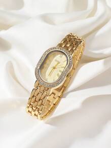 Shein - Disu Lady's Classic Business Wristwatch, Oval Gold Dial & Stainless Steel Strap With Zirconia & Quartz Movement