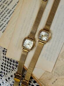 Shein - 1pc French Vintage Style Gold Dial Quartz Copper Watchband Women's Wristwatch