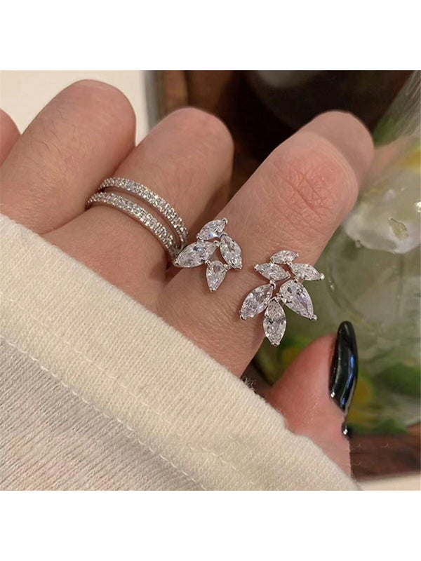 Shein - 2Pcs/Set Luxury Cubic Zirconia Leaf Shaped Fully Studded Open Ring Set Suitable For Women'S Daily Wear And Wedding