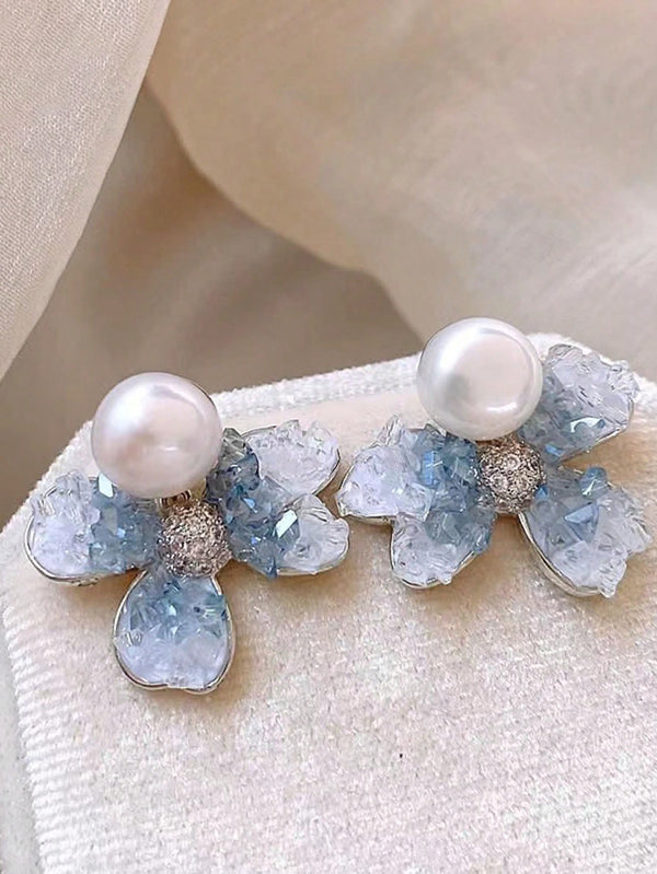 Shein - 2Pcs/Set Ombre Crystal Foggy Blue Flower Stud Earrings & Eardrops With Premium Faux Pearl & Ice Lotus Element (Gentle Style)