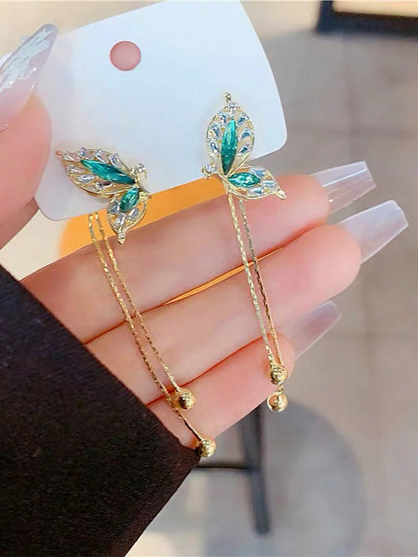 Shein - 1pair Fashionable Green Bowknot Long Tassel Earrings