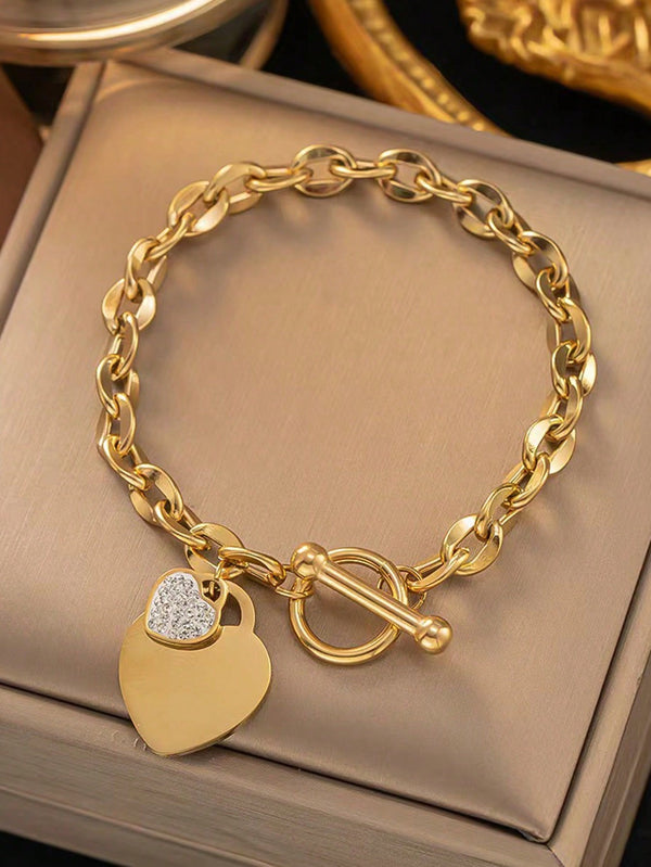 Shein - 1pc Elegant & Luxurious Stainless Steel Bracelet Plated In 18k Gold-Color With Two Heart Shaped Pendant, Suitable For Women To Wear At Parties Or As A Gift