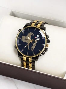 Shein - 1pc Stylish Classic Black And Gold Round Dial Horses Business Casual Men's Quartz Watch