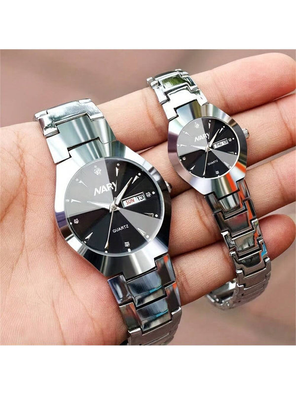 Shein - 2Pcs/Set Couple'S Quartz Watch With Calendar Function, Business & Fashion Design, Ideal Valentine'S Day Gift For Men & Women, Suitable For Daily Wear