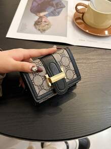 Shein - Tri-Fold Short Wallet With Snap Button Closure Classic Black Color & Printed Floral Pattern Vintage Style