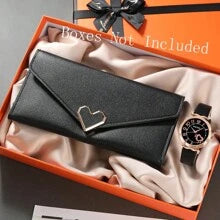 Shein - Women Simple Watch Fashion Leather Quartz Wristwatches Wallet Set Female Heart Shaped Long Wallet Dress Clock Montre Femme