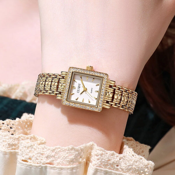 Shein - 1pc Women's Vintage Rhinestone Decor Luxury Elegant Water Resistant Fashion Simple Style Square Quartz Ladies Watch Gold