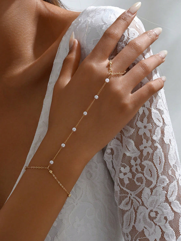 Shein - 1Pc Simple & Elegant Gold Tone Chain Bead Detail Linked Finger Bracelet