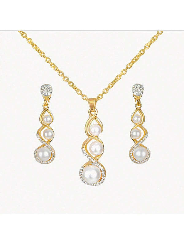 Shein - 3Pcs/Set Fashionable Waterdrop & Pearl & Rhinestone Gourd Jewelry Set Including Earrings And Necklace, For Brides