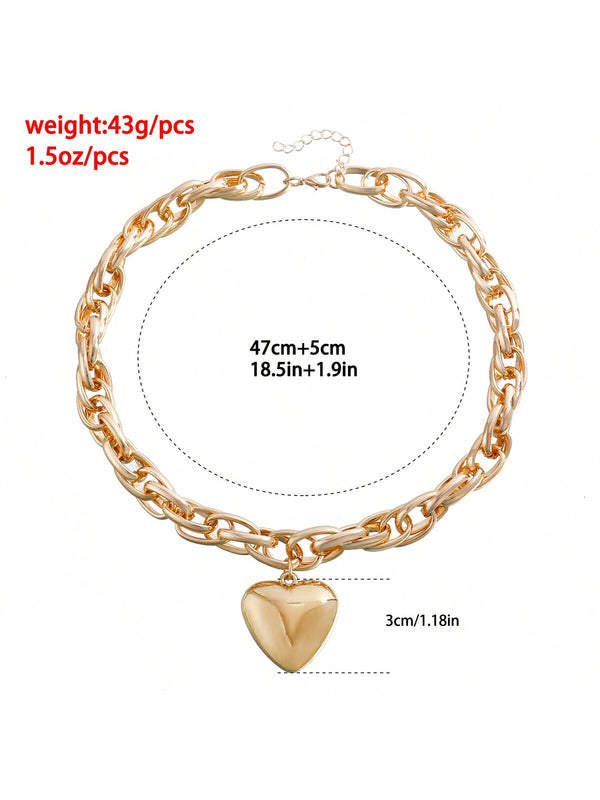 Shein - 1pc European And American Trendy Oversized Hollow Out Peach Heart Pendant Choker With Chunky O Chain