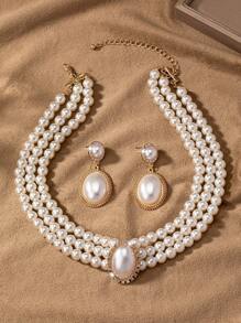 Shein - A Set Of Elegant And Romantic Cubic Zirconia Inlaid Faux Pearl Multilayer Necklace set