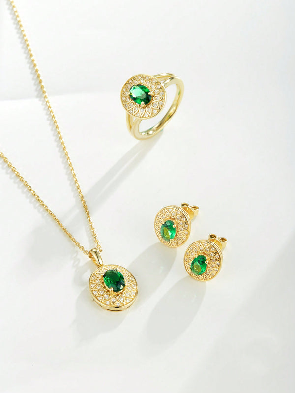 Shein Exclusive -  Set Of Handmade Green Oval-Cut Zirconia Set (Ring, Earrings, Necklace) In S925 Sterling Silver, Retro Style Jewelry Suitable For Women.