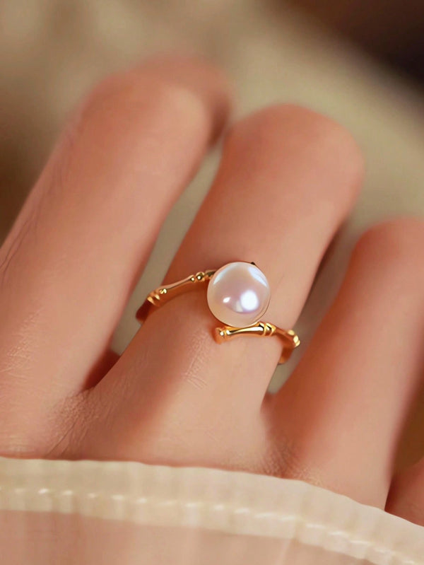 Shein Exclusive - 1pc Sterling S925 Silver Vintage Simple Elegant Retro Imitation Pearl Gold Bamboo Ring Open Rings For Women Mother's Day Jewelry Gift