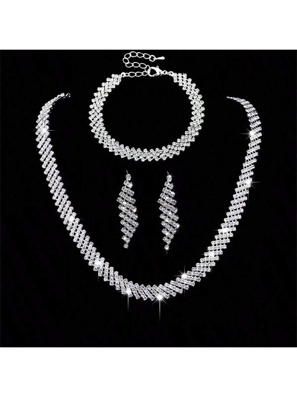 Shein - 1 Set Of Luxurious And High-End Shining Full Diamond Collarbone Necklace, Bracelet And Earrings Set, Suitable For Sending To Female Friends For Various High-End Party Occasions And Daily Wear.