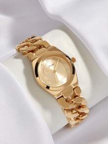 Shein - 1pc Ladies Gold Color Simple Link Adjustable Quartz Watch With Premium Feel