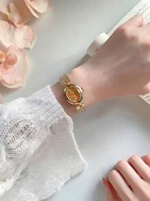 Shein - Full Rhinestone Gold-Plated Watch For Women, Oval Dial With Quartz Movement, Fashionable Bracelet Watch