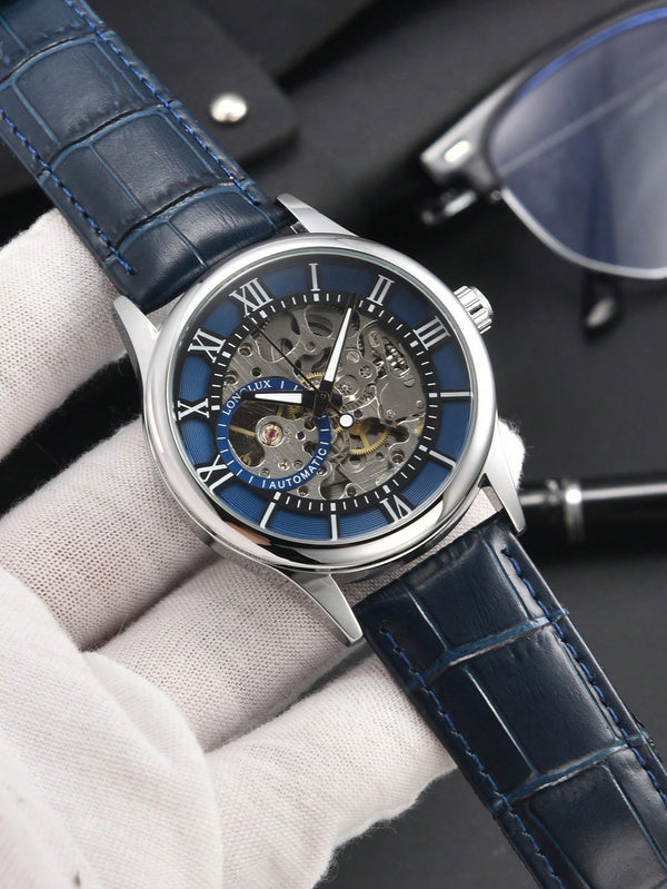 Shein - 1Pc Men Hollow Automatic Mechanical Watch, Waterproof Leather Wristwatch, Roman Numerals, Calendar - Silver Dial Blue