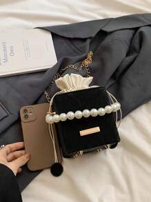 Shein - Mini Pleated Drawstring Box Pearls Fashionable Drawstring Pouch Clutch