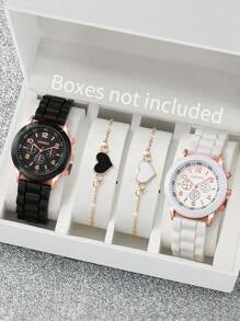 Shein - 2pcs Couple Round Pointer Quartz Watch & 2pcs Bracelet