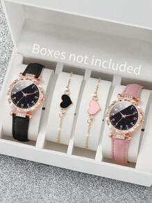 Shein - Women's Fashionable And Simple Quartz Wristwatch With Diamond-Studded Digital Dial + Heart Bracelet (4pcs/Set)