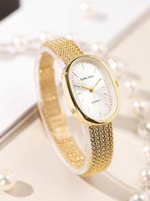 Shein - Vintage Oval-Shaped Watch With Exquisite Small Dial And Wheat Strap