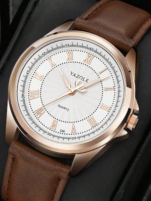 Shein - 1pc Top Luxury Fashion Men Watch PU Leather Roman Numeral Dial Three Needle Quartz Watch