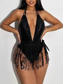 Shein - Solid Color Two-Piece Sexy Lingerie Deep V Sequin Fringe Jumpsuit Woman