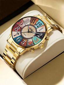 Shein - Men's Watches Gold Stainless Steel Date Quartz Wrist Watch Men Casual Business Watch