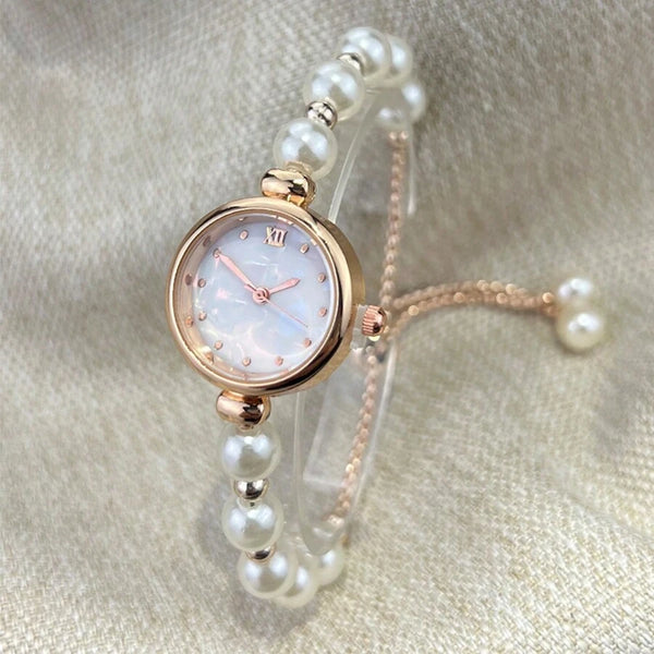 Shein - 1pc Ladies' White Pearl Beaded Drawstring Alloy Rose Gold Watch