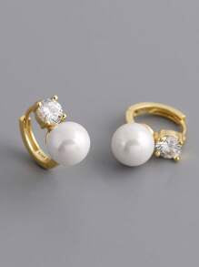 Shein - 1 Pair White 8mm Round Shell Pearl Earrings S925 Hook Golden