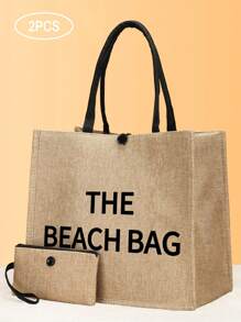 Shein - Stylish And Simple Creative Letter Pattern Linen Material Large Capacity Lightweight Tote Bag