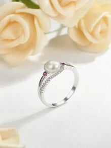 Shein - 1pc Elegant & Luxurious 925 Silver Full Diamond Natural White 7.0mm Pearl Fashion Ring