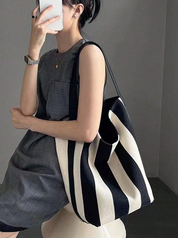 Shein - Spring/Summer New Arrival Niche Striped Canvas Bag, Black & White Contrast Color Women's Bag