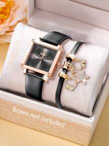 Shein - Ladies Watch 1pc Ladies' Square And 1pc Starry Milan Bracelet