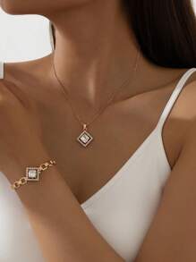 Shein - 2pcs Gold-Color Square Cubic Zirconia Pendant Necklace And Elegant Cube Chain Bracelet Jewelry Set