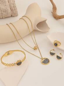 Shein - 1set(5pcs) Round Earrings, Ring, Necklace Jewelry Set