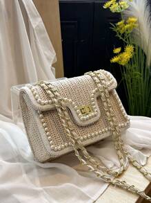 Shein - Fashionable Shoulder Woven Straw Bag With Pearl Decoration