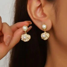 Shein - White Pearl Camellia Flower Earrings And Studs